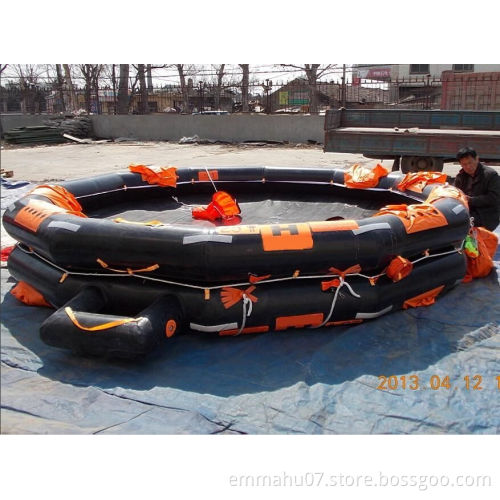 Both sides of reversible inflatable life raft with cradle for inland river